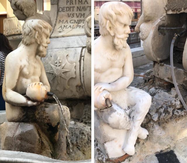 pulicano personaggio fontana prima e dopo il restauro