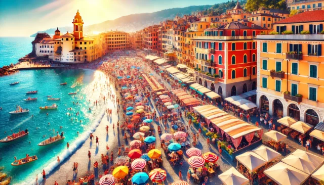 una vivace e affollata cittadina italiana sul mare in estate