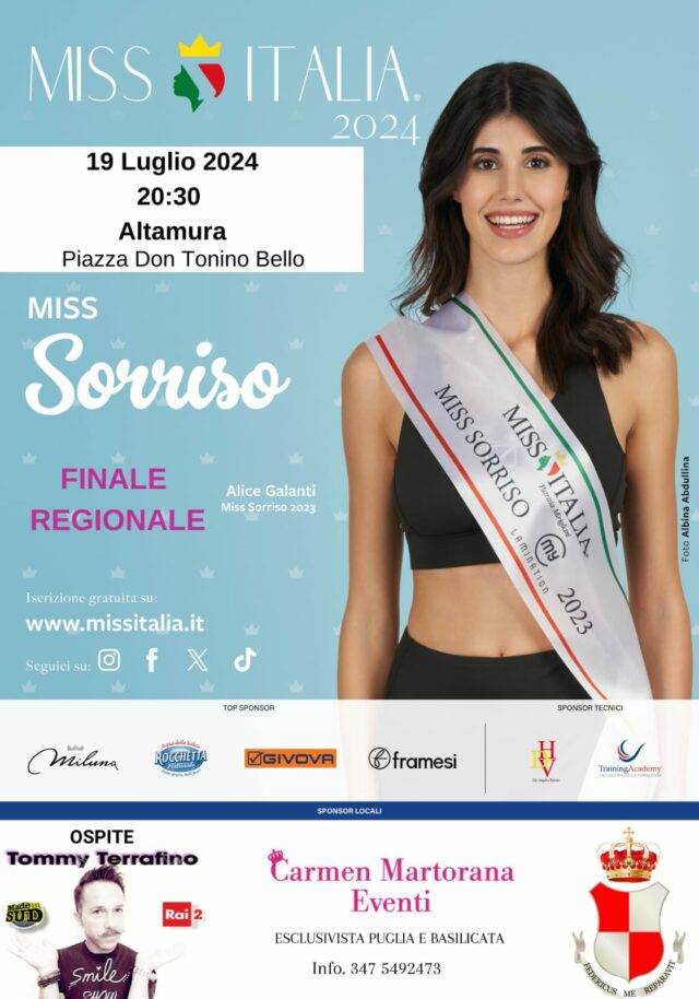 Miss Sorriso Puglia 2024 sarà eletta venerdì 19 luglio ad Altamura durante la prima finale regionale di Miss Italia.