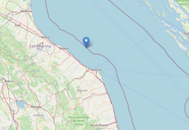 Epicentro Terremoto oggi M3.7 in mare Adriatico al largo di Ancona (Marche) alle 17:48 di martedì 29 ottobre 2024